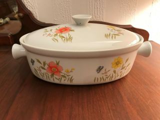 Vtg Sadek By Andrea Country Flowers Covered Casserole 9228 Oven Totable 12.  75 "