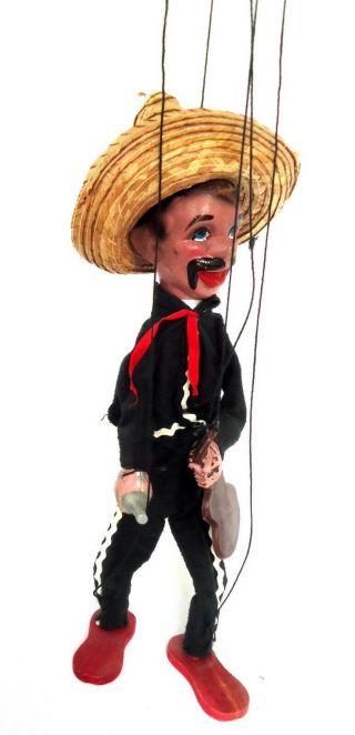Vintage Mexican Kitsch Folk Art Handcrafted Balladeer Marionette String Puppet