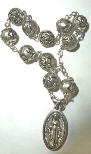 Vtg Sterling Silver Floral Beaded Rosary Bracelet W.  Rosary Charm Virgin Mary