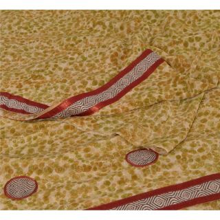 Sanskriti Vintage Cream Saree Pure Crepe Silk Printed Sari Craft 5yd Soft Fabric