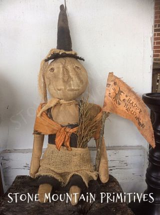 Extremely Primitive Folk Art Witch Doll With Halloween Banner