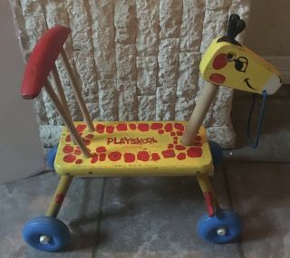 Vintage Playskool Giraffe Tyke Bicycle Ride On Wooden Scooter Riding Toy 1960 