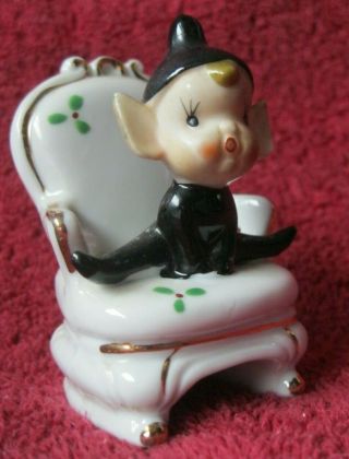Vintage Christmas Pixie Elf Ceramic Porcelain Black Japan Gold Trim Holly Leaves