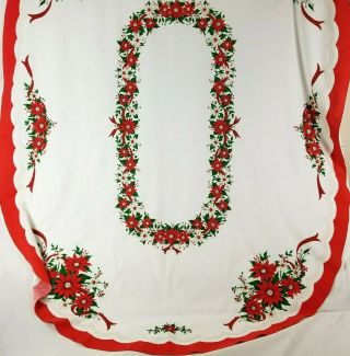Christmas Tablecloth Oval Cotton Blend Vintage Holiday Poinsettia White 60 X 80