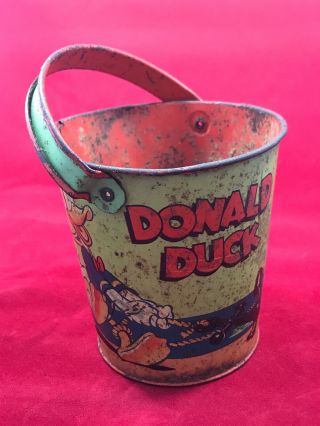 Antique 1938 Donald Duck Walt Disney Ohio Art Tin Sand Pail With Handle