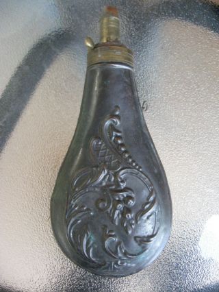 Antique Civil War Era Black Powder Flask Metal Ornate Embossed Both Sides