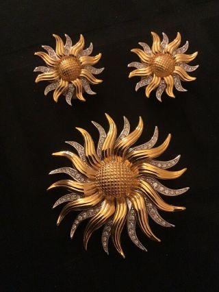 Vintage Kenneth Jay Lane Kjl Rhinestone Sun Flower Brooch Pendant Clip Earrings