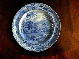 Antique Early 19thc Spode Blue & White Plate " Indian Sporting " C1810 Elephants