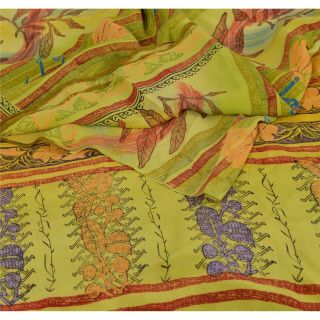 Sanskriti Vintage Green Saree Pure Crepe Silk Printed Sari Craft 5yd Soft Fabric