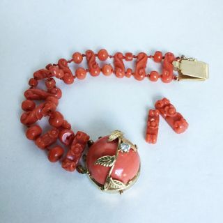 Antique 14k Yellow Gold Carved Red Coral Bracelet For Repair