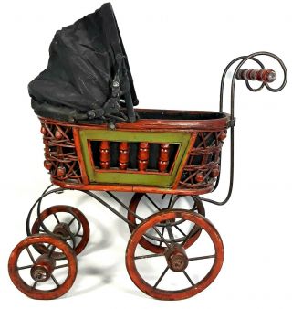 Antique Baby Doll Carriage Wicker Buggy Stroller W/ Folding Sunshade Home Décor
