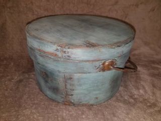 Antique Primitive Early Wood Bail Handle Pantry Box In Old Blue.