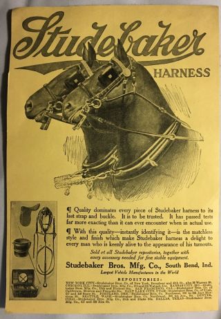 Vintage 1900’s Studebaker Harness Print Ad Studebaker Horses 8 1/ 2 X 5 3/4 Sb9