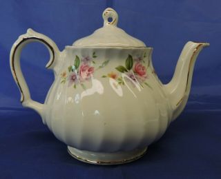 Vintage Sadler Teapot White With Floral Pattern And Gold Trim - Made In England