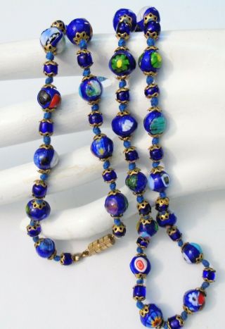 Stunning Long Vintage Hand Knotted Gold Metal & Millefiore Glass Bead Necklace