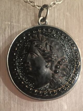 Vintage Sterling silver French jet Grecian lady cameo pendant necklace 2