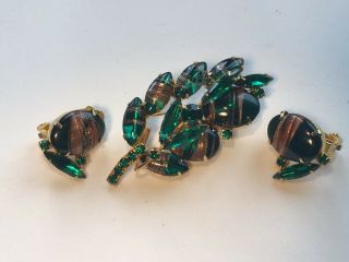 Vintage Estate Green With Gold Fluss Rhinestone Brooch And Earrings