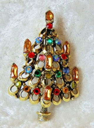Vintage Hollycraft Rhinestone & Gold Candle Christmas Tree Pin 1