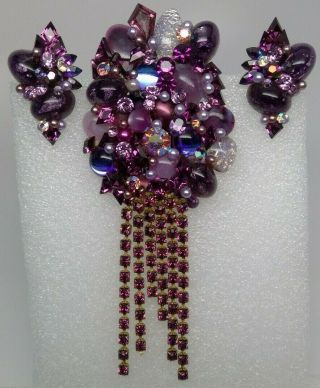 Vtg Multicolored Purple Rhinestone Cabochon Pin Brooch With Pierced Earrings Set