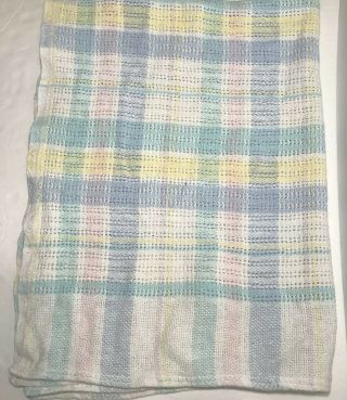 Vtg Pastel Plaid Baby Blanket Cotton Thermal Open Weave Woven Beacon Usa