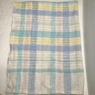 Vtg Pastel Plaid Baby Blanket Cotton Thermal Open Weave Woven Beacon USA 2