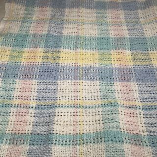 Vtg Pastel Plaid Baby Blanket Cotton Thermal Open Weave Woven Beacon USA 3