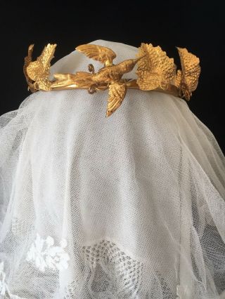 Antique 19thc French Tiara Wedding Crown Gilt Pressed Metal Dove In Flight