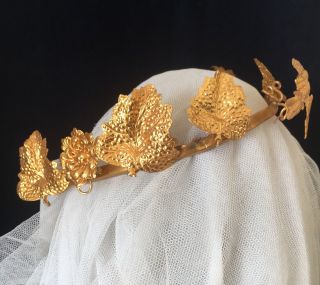 Antique 19thC French Tiara Wedding Crown Gilt Pressed Metal Dove In Flight 3
