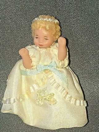 Vintage Artist Made Cathy Hansen Bisque Dollhouse Tiny Baby Doll In Gown