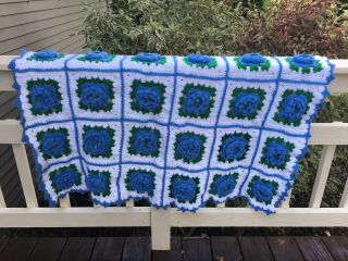 Vintage Handmade Crochet Afghan Throw Granny Square 3d Blue White Roses 42 " X55 "