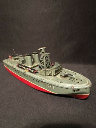 San P5701 Tin Boat Vintage Mechanical Tin Toy Wind Up Japan