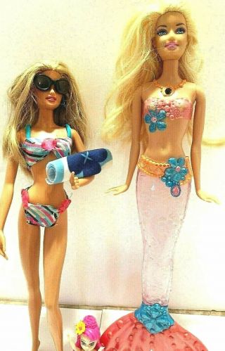 Vintage 1998 Barbie Blonde Magical Mermaid W/light Up Tail & Beach Fun Barbie