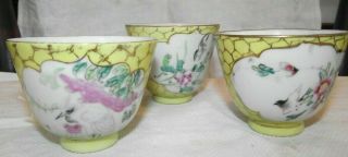 Good Antique Chinese Porcelain Teabowls Tea Bowls Yellow Ground Hand Painted