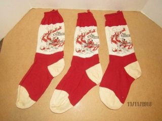 Vintage 30s? Set Of 3 Cotton Christmas Socks Stockings Santa Sleigh Reindeer