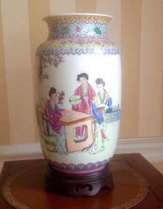 Vintage Pair - 8 1/2 " Tall Hand Painted Famille Rose Style Vases - Hong Kong