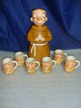 Vintage Lefton Barware Monk Friar Decanter 6 Shot Glass Cup