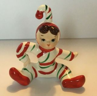 Vintage Christmas Ceramic Candy Cane Elf Pixie Figurine 3 3/4 " Tall 1950 
