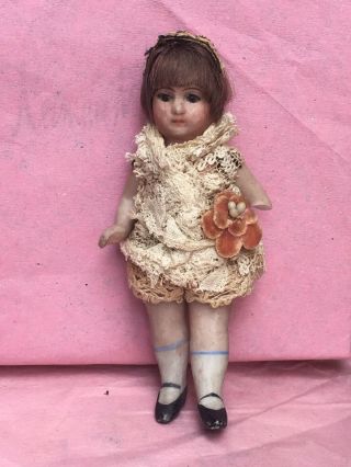 Antique All Bisque Mignonette Doll 4 " Brown Glass Eyes Dollhouse Circa 1910
