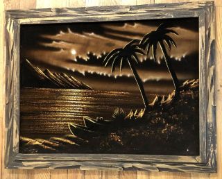 Vintage Hawaiian Tiki Black Velvet Carved Wooden Framed Painting Mcm 27” X 21.  5”