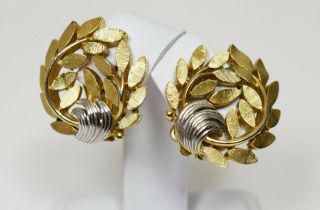 Vintage Crown Trifari Two Tone Laurel Wreath Signed Clip Earrings