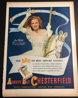 1945 Chesterfield Cigarettes Ad Jan Clayton Hollywood Pretty Lady Carousel Horse