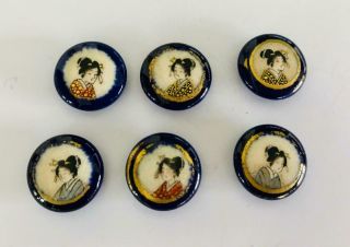 6 Antique Meiji Period Japanese Geisha Satsuma Porcelain Picture Buttons