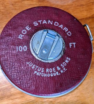 Vintage Justus Roe & Sons 100 Ft Tape Measure Brown Leather Black Tape