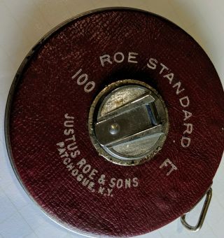 Vintage Justus Roe & Sons 100 Ft Tape Measure Brown Leather Black Tape 2