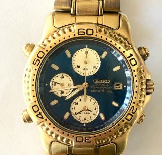 Seiko Quartz Alarm Chronograph Sports 150 Divers Watch 7t32 - 6c09 Gold/blue