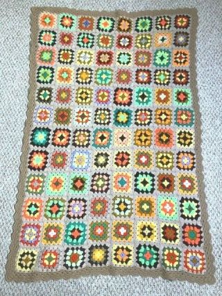 Vntg Handmade Wool Crochet Throw Blanket Afghan Granny Square 42 X 60 Pop Art