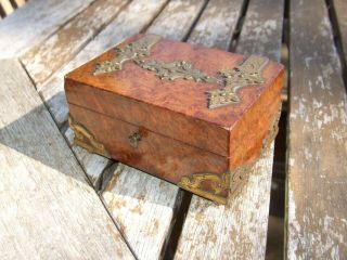 Small Antique 19c Jewellery Box In Burr Walnut With Brass Fittings