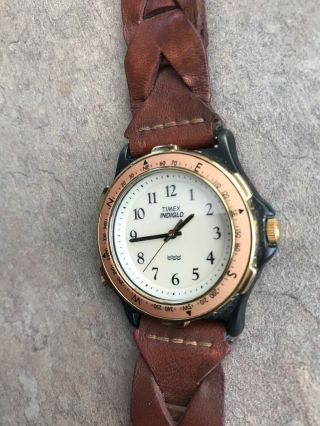 Vintage Timex Indiglo Men ' s Hiking Watch Compass Black Gold Tone Bin F 3