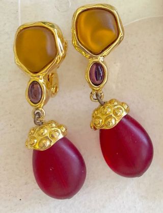 Monet Vintage Earrings Haute Couture Amber Purple & Red Glass Bead Drops