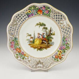 Antique Dresden Porcelain - Hand Painted Courting Couple Plate - Pierced Borders